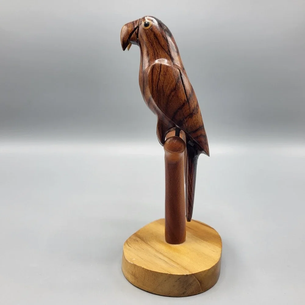 Hand Carved Wood Parrot Sculpture Figurine Pair on Branch Shelf Decor 6.25
